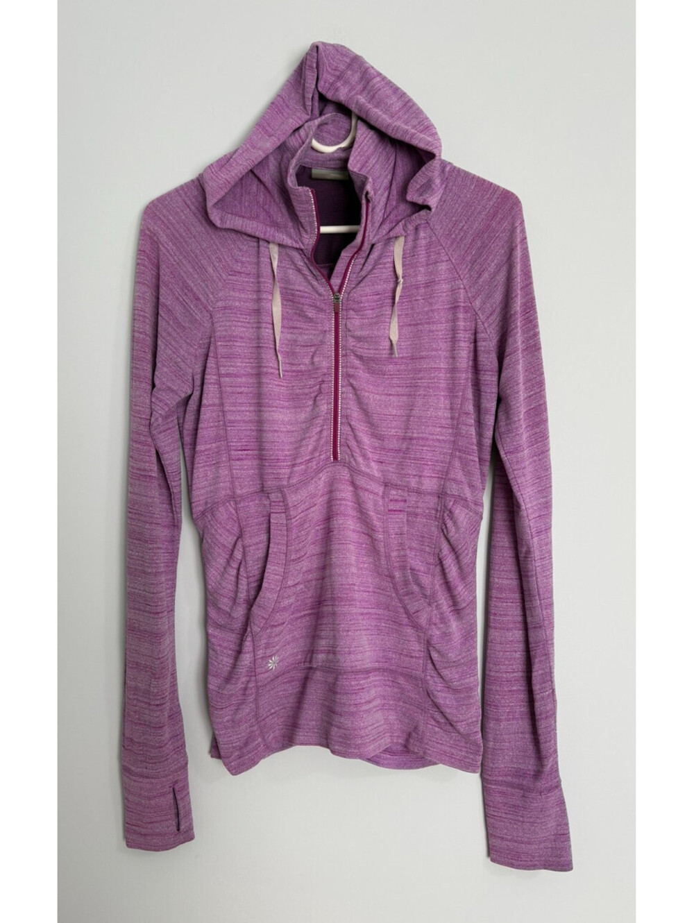 Athleta Heavenly Hail Half Zip Hoodie Womens Size Small Heathered Purple Pocket